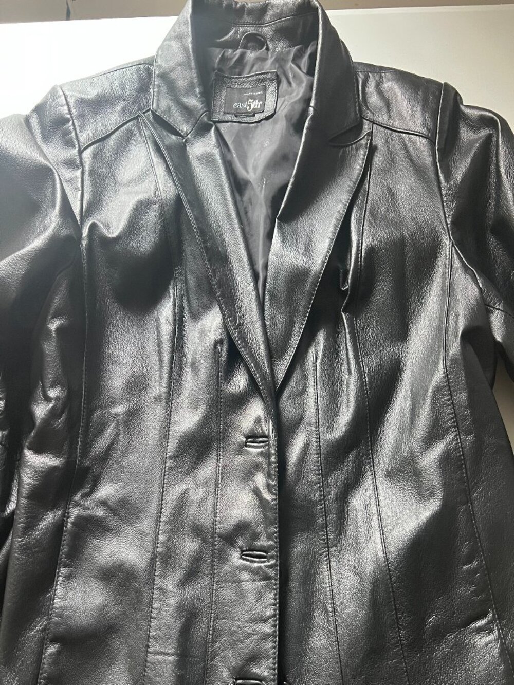 Y2K East 5th black leather jacket womens M/L lined collar hipster retro pockets